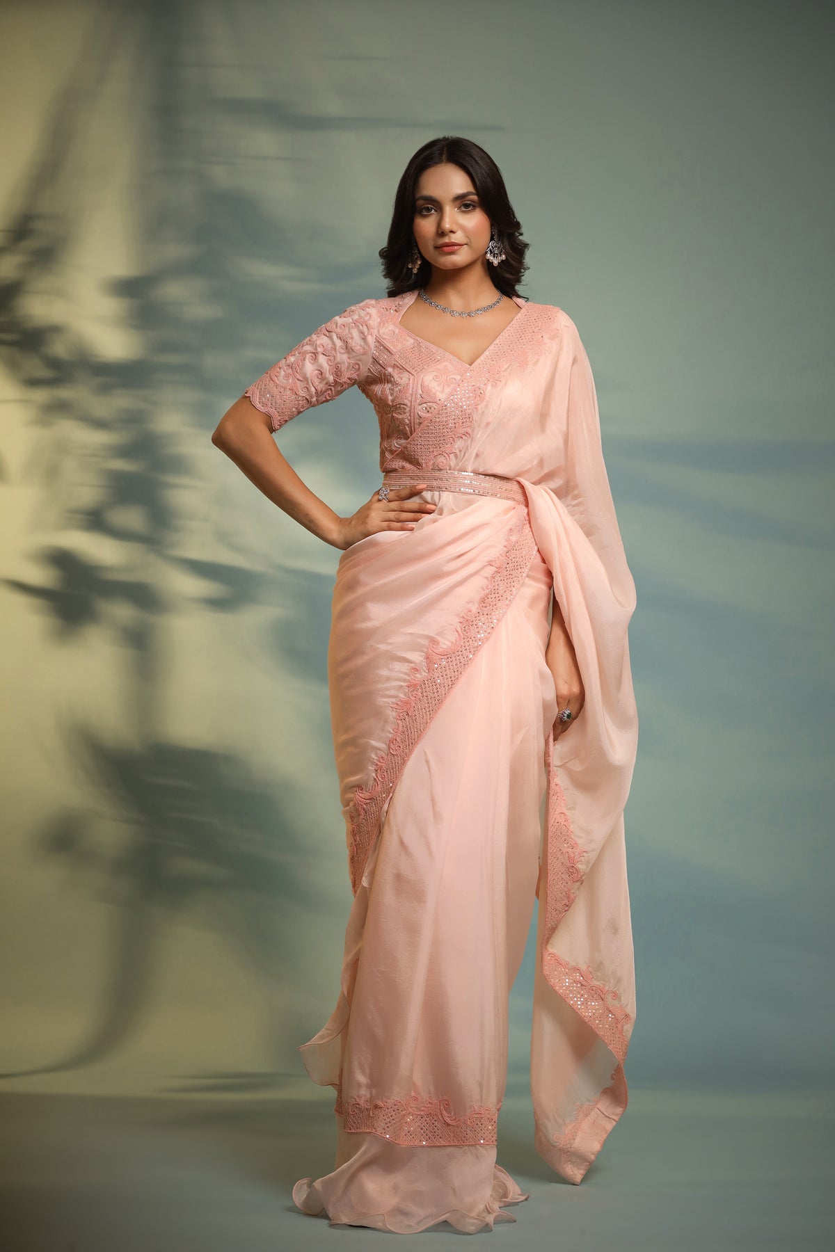 BLUSH PINK RUFFLE SAREE - The Home Affair