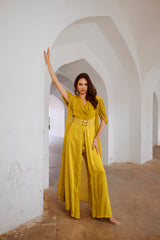 Gulbahar Lemon Green Cowl Jumpsuit with chiffon Jacket & belt set