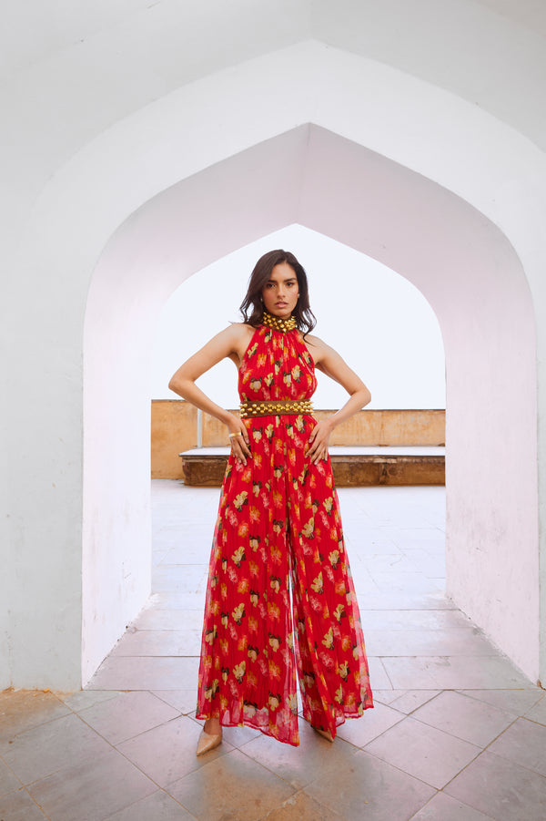 Gulbahar Chilly red bell jumpsuit with belt
