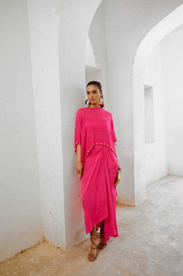 Gulbahar Hot pink bell cape and drape skirt set