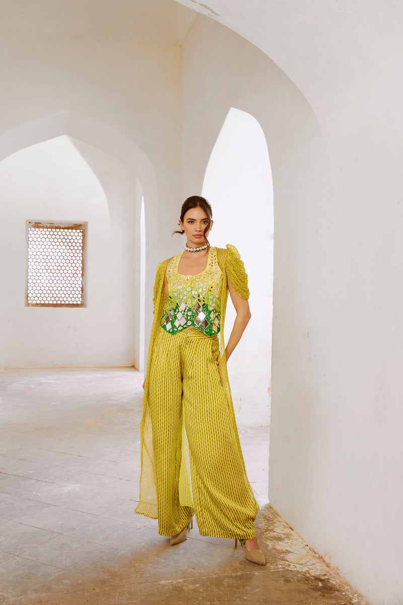 Gulbahar lemon green Sheesha Koti with Chiffon jacket and loose pant set