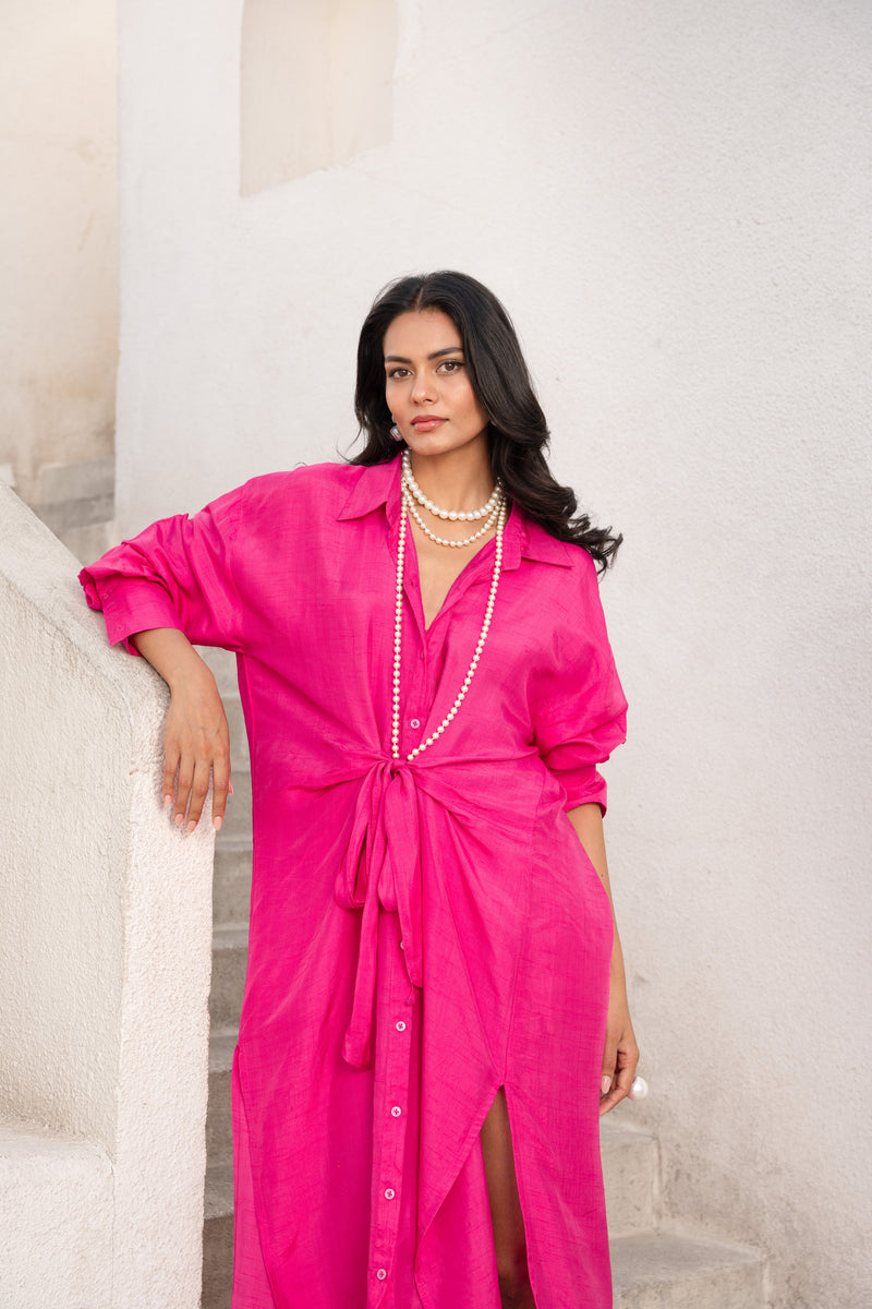 Gulbahar Hot pink tie-up shirt dress