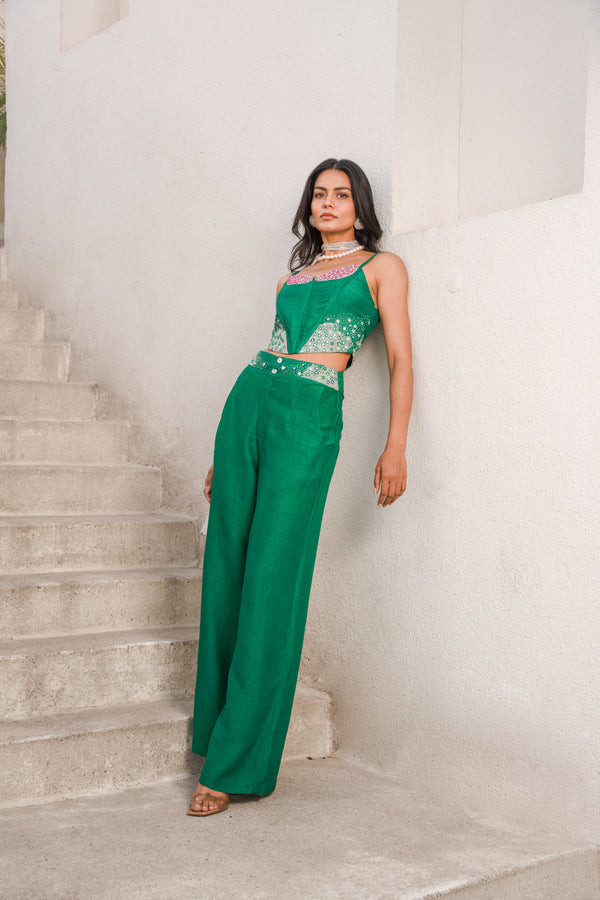 Gulbahar basil green mirror corset and papa pant set