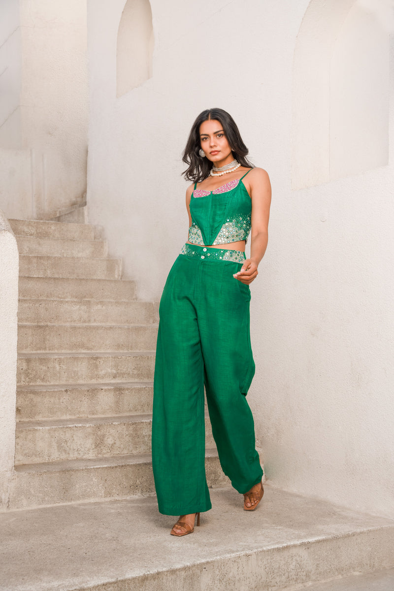 Gulbahar basil green mirror corset and papa pant set