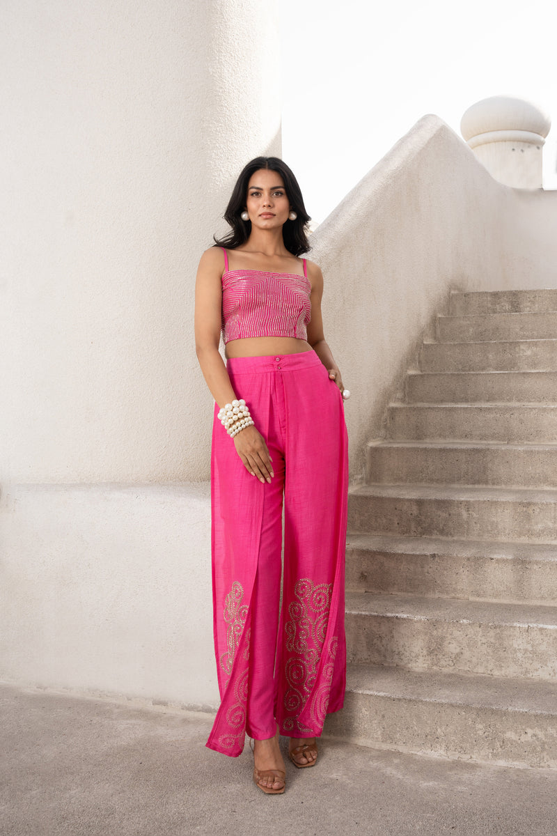 Gulbahar Hot pink bandee cape with flutter pant set