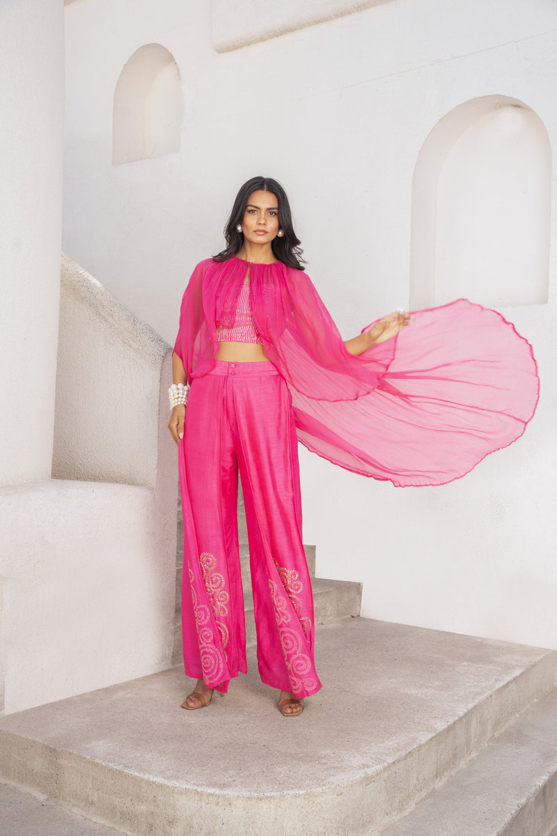 Gulbahar Hot pink bandee cape with flutter pant set