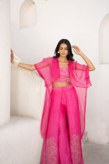 Gulbahar Hot pink bandee cape with flutter pant set