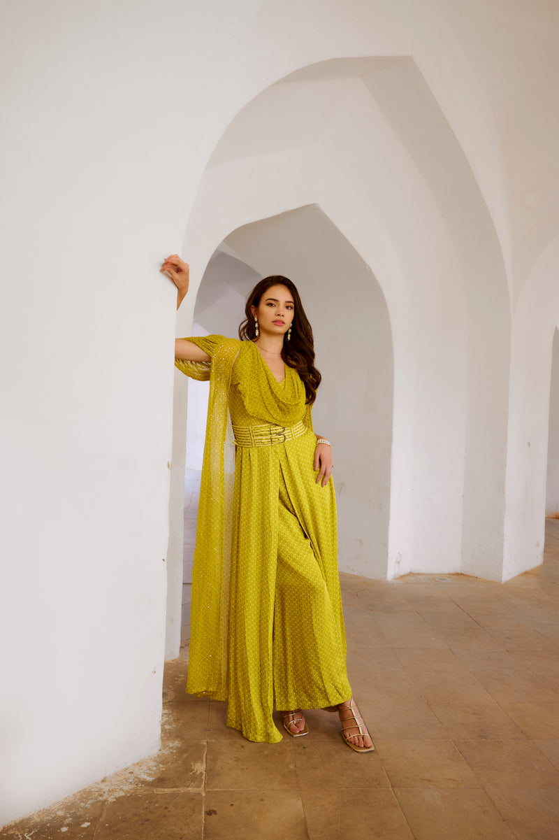 Gulbahar Lemon Green Cowl Jumpsuit with chiffon Jacket & belt set