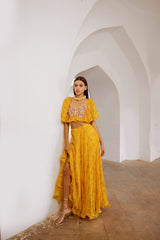 Gulbahar Marigold yellow jugnu sitara butterfly blouse with flair skirt set.