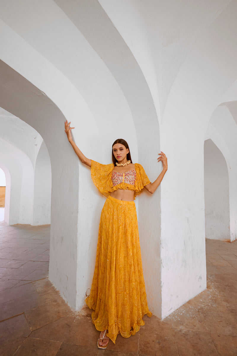 Gulbahar Marigold yellow jugnu sitara butterfly blouse with flair skirt set.