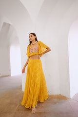 Gulbahar Marigold yellow jugnu sitara butterfly blouse with flair skirt set.