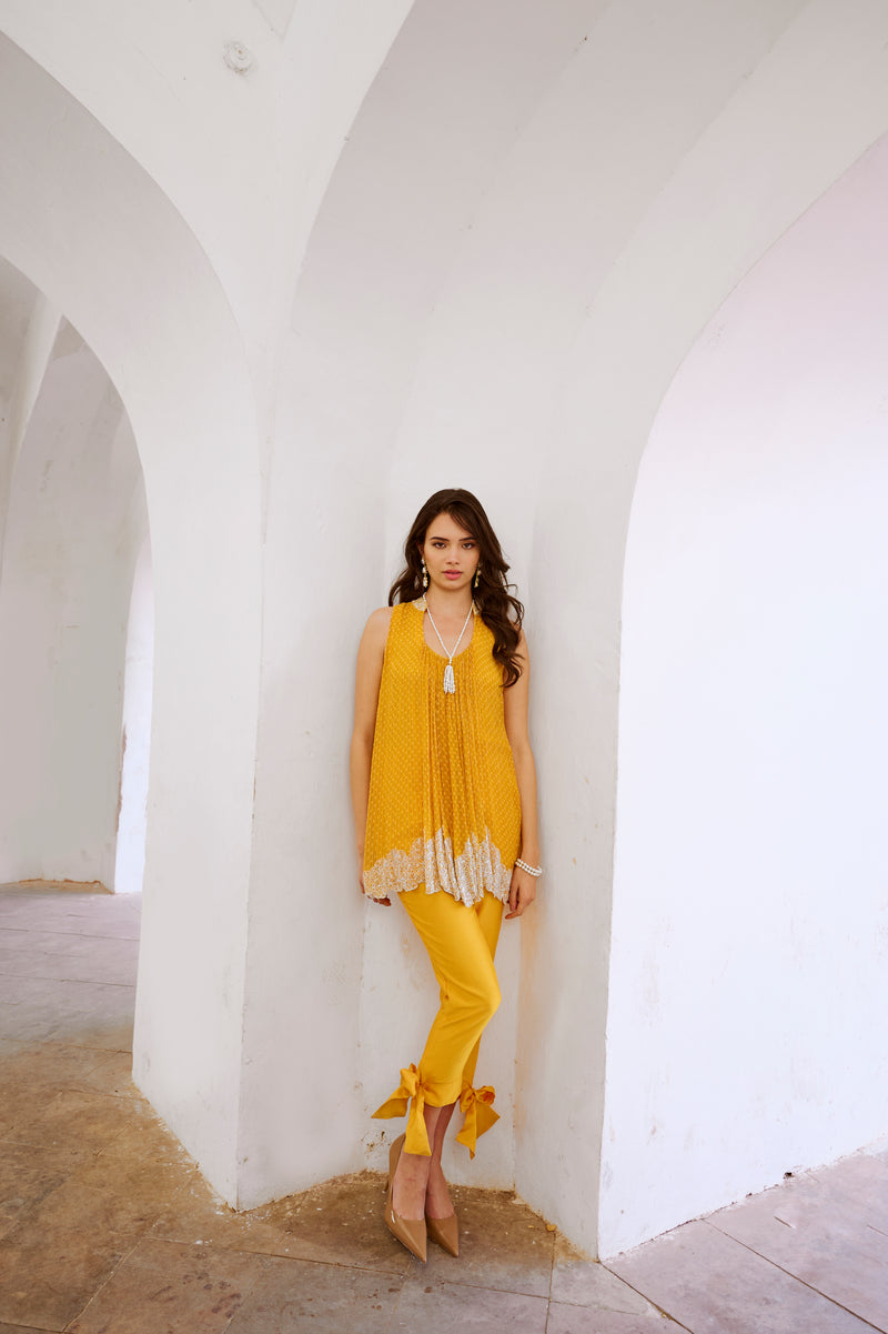 Gulbahar Marigold rose cutdana tunic with bow pant set