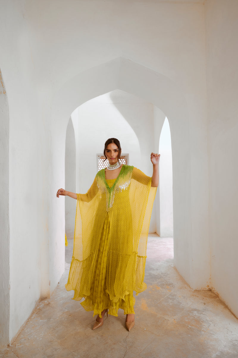 Gulbahar lemon green bling kaftan dress set