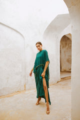 Gulbahar Bottle green bell cape and drape skirt set