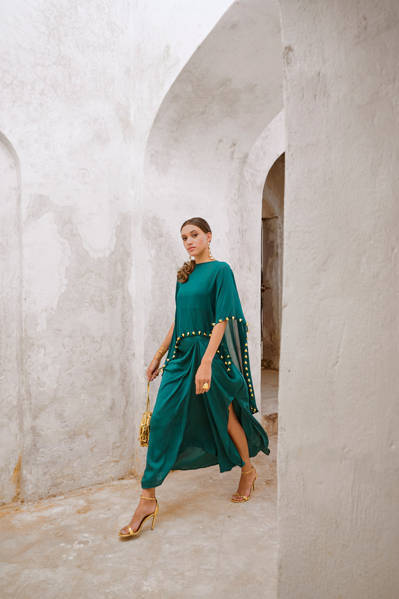 Gulbahar Bottle green bell cape and drape skirt set