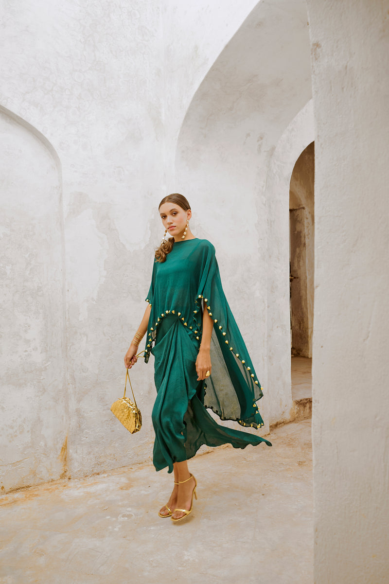 Gulbahar Bottle green bell cape and drape skirt set