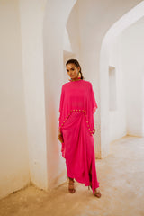 Gulbahar Hot pink bell cape and drape skirt set