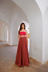 Gulbahar Red Bandeau string top with stripe skirt and belt set