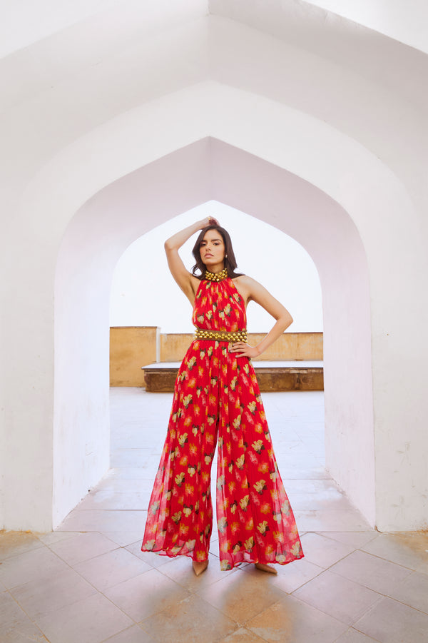 Gulbahar Chilly red bell jumpsuit with belt