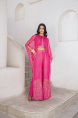 Gulbahar Hot pink bandee cape with flutter pant set