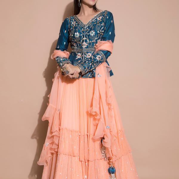 Embroidered Peplum Jacket With A Blush Lehenga | Indo Western Lehenga - Anj