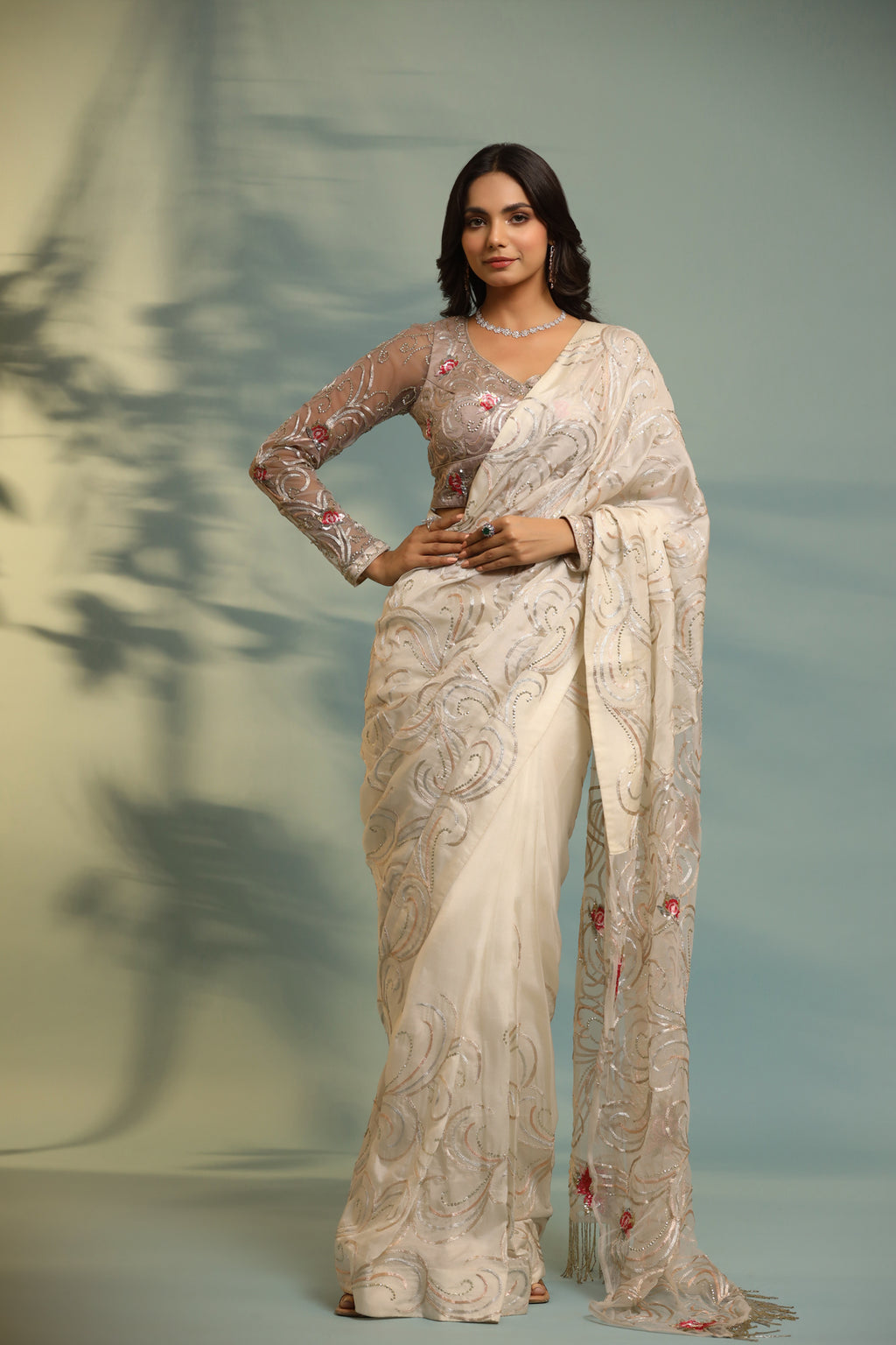 Haseena blush pink moti work ruffle saree